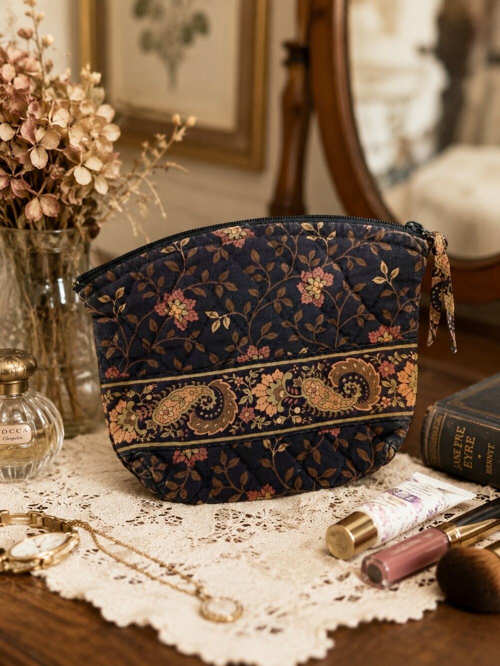 Vintage Vera Bradley Black Walnut Small Cosmetic Makeup Pouch Retired Floral